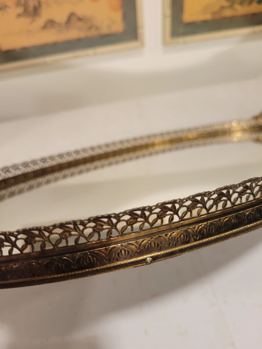 Vintage Ornate Filigree Oval Vanity Tray with Handles. Mirrors - photo 3
