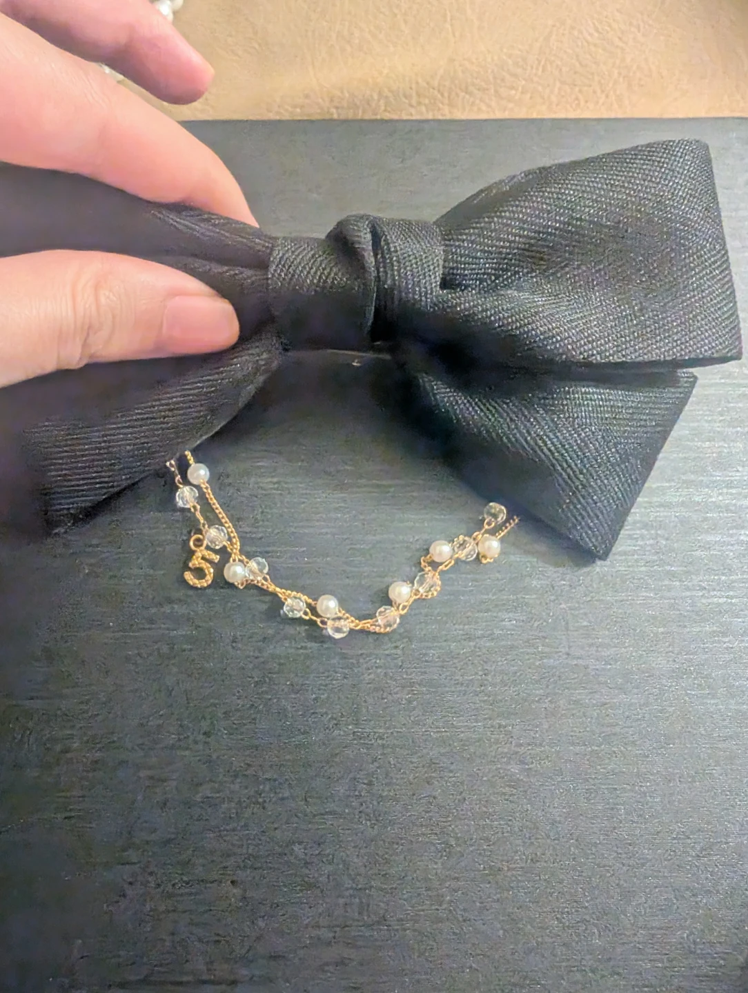 Black Bow Hair Clip with Pearl and Crystal Chain
