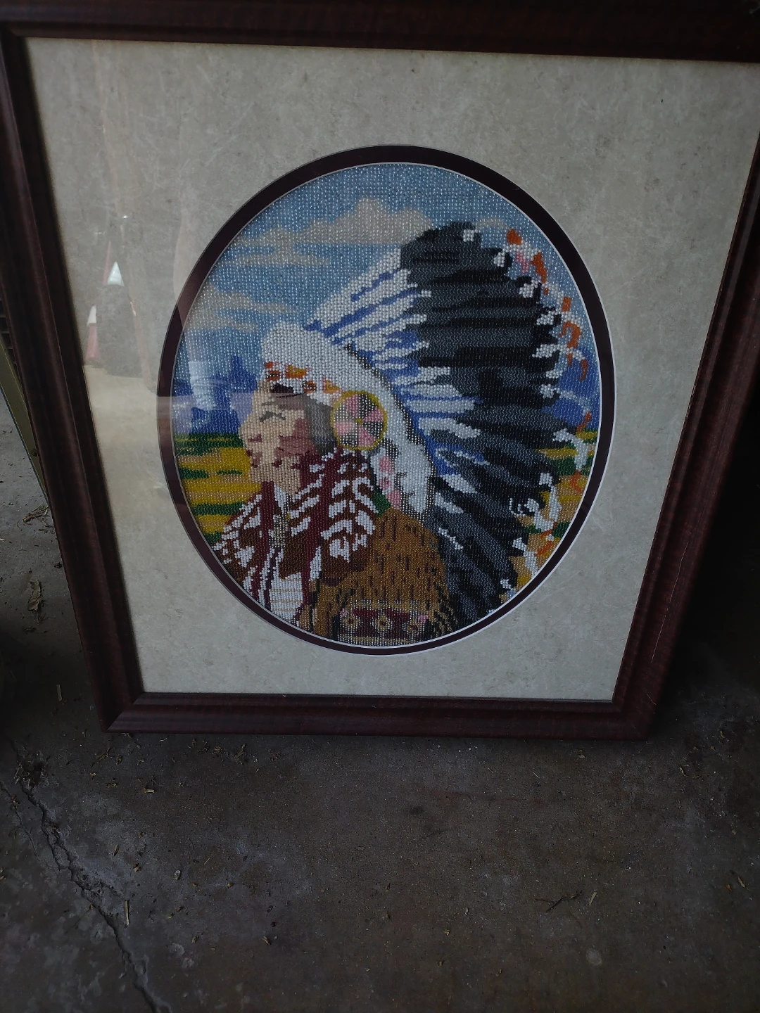Framed Native American Chief Needlepoint Art