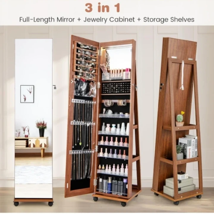 3-in-1 Full-Length Mirror Jewelry Cabinet with Storage Shelves