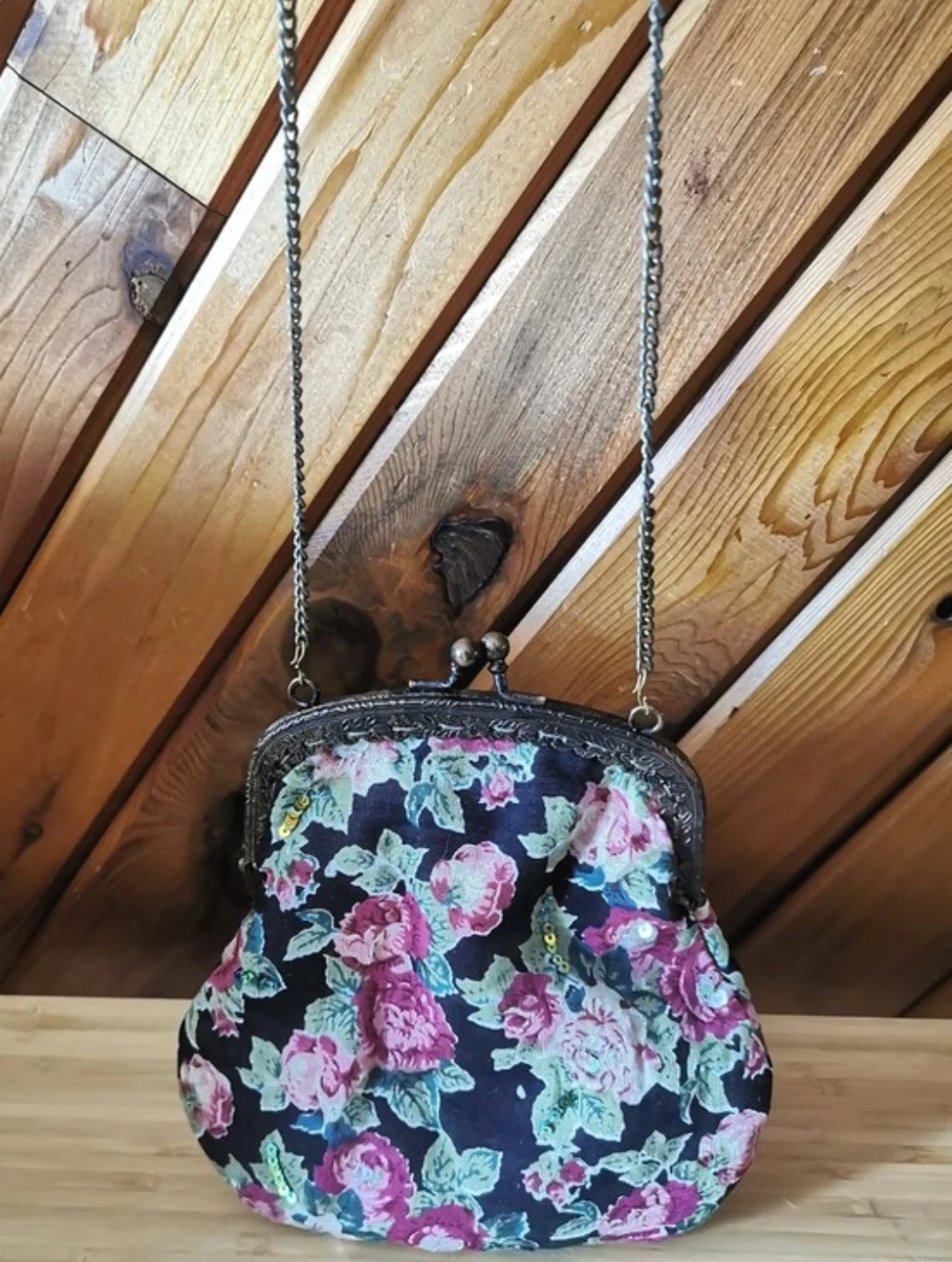 Vintage Floral Kiss Lock Purse Victorian Style Chain Handbag - photo 3