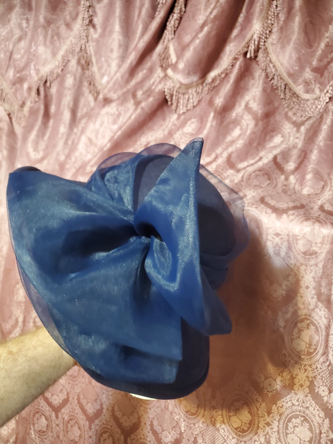 Navy Blue Wide Brim Hat with Organza Bow - photo 2