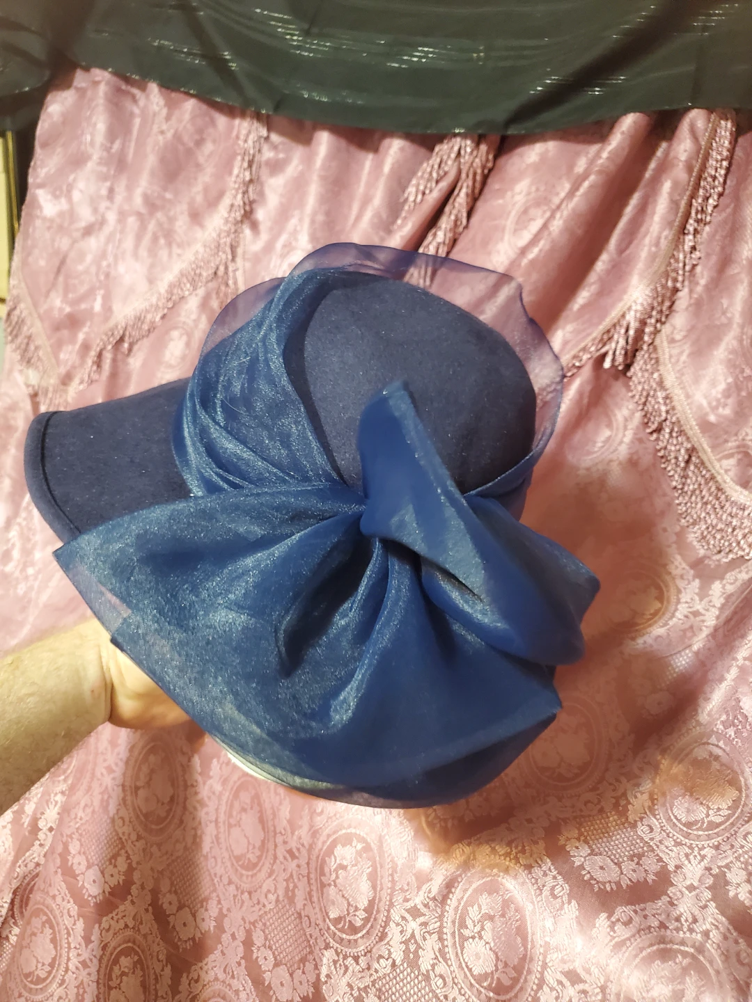 Navy Blue Wide Brim Hat with Organza Bow - photo 5