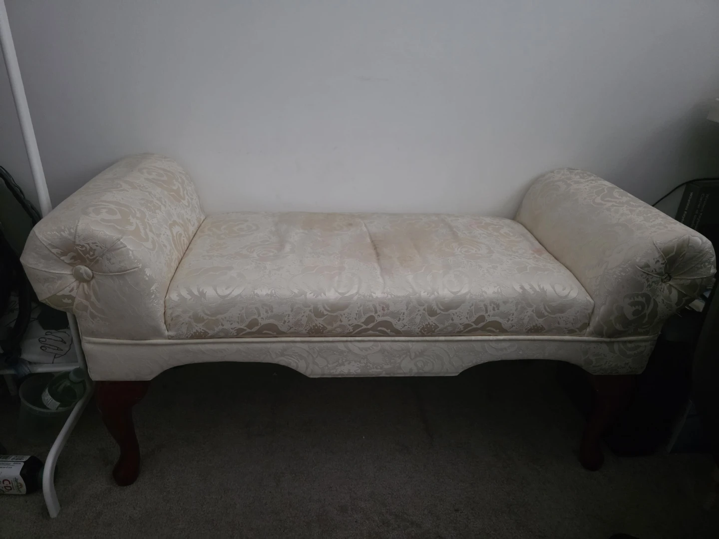 Cream damask upholstered bench