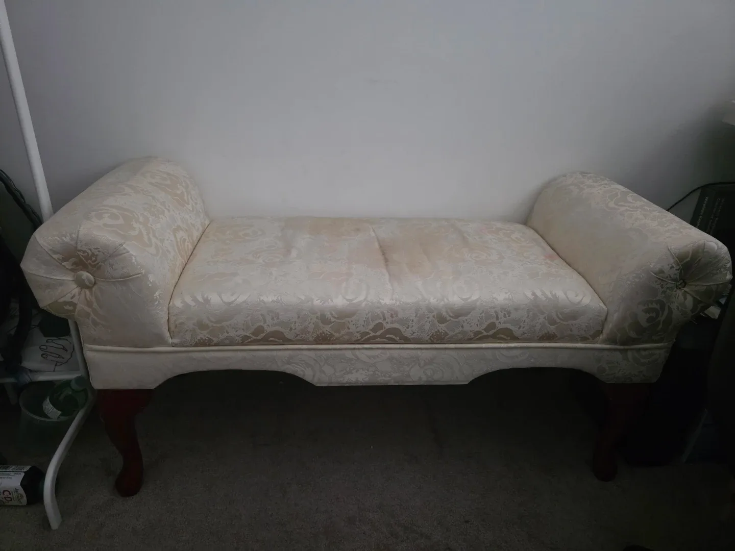 Cream damask upholstered bench