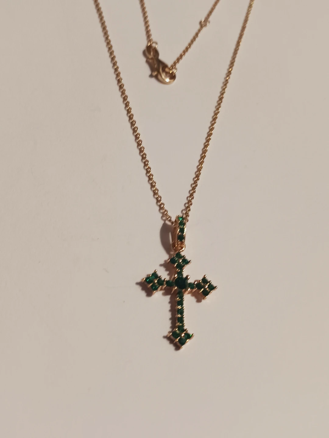 New!Gold Overlay Sterling SilverGreenStonesCrossPendant w/ Chain