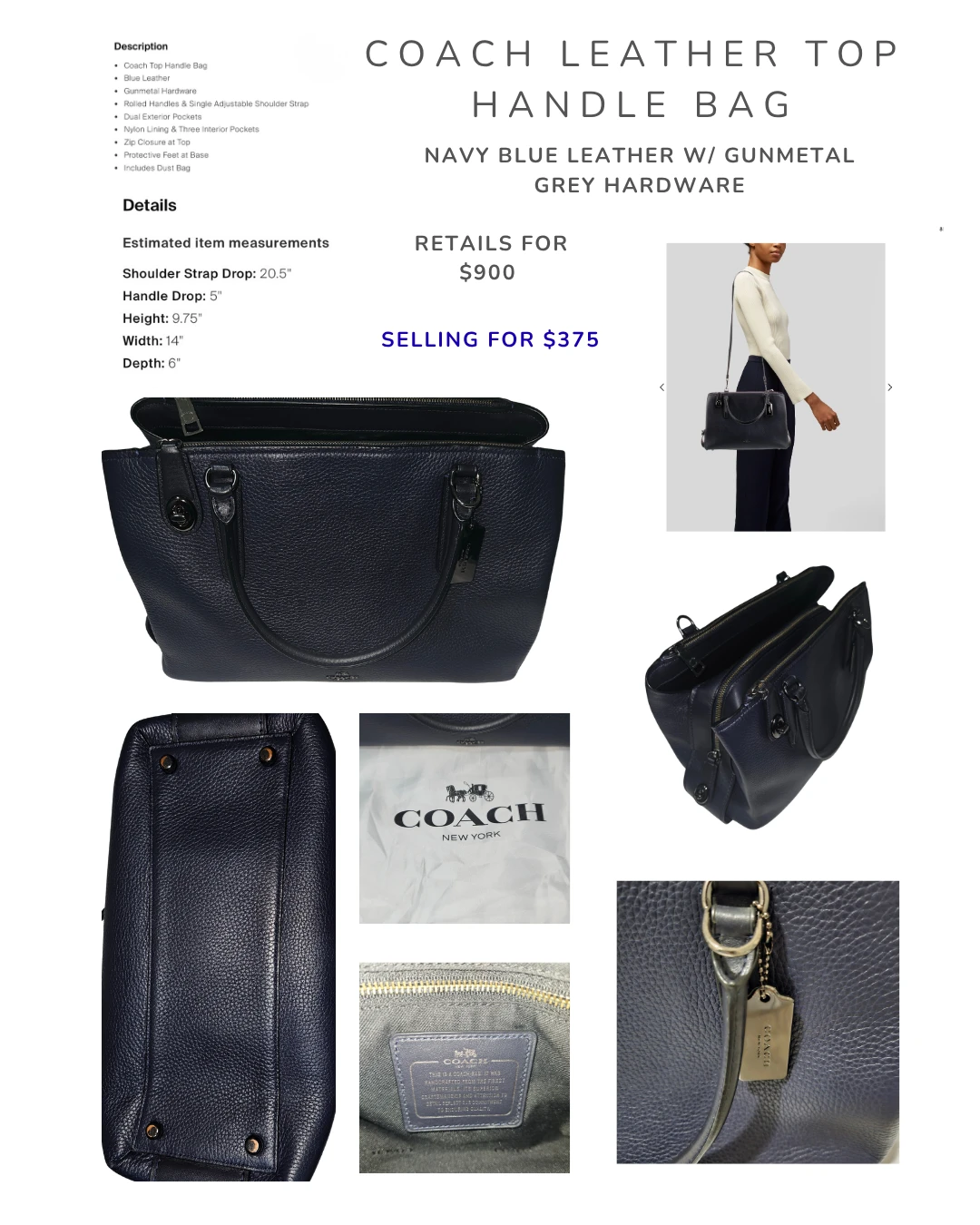 Coach Leather Top Handle Bag Navy Blue
