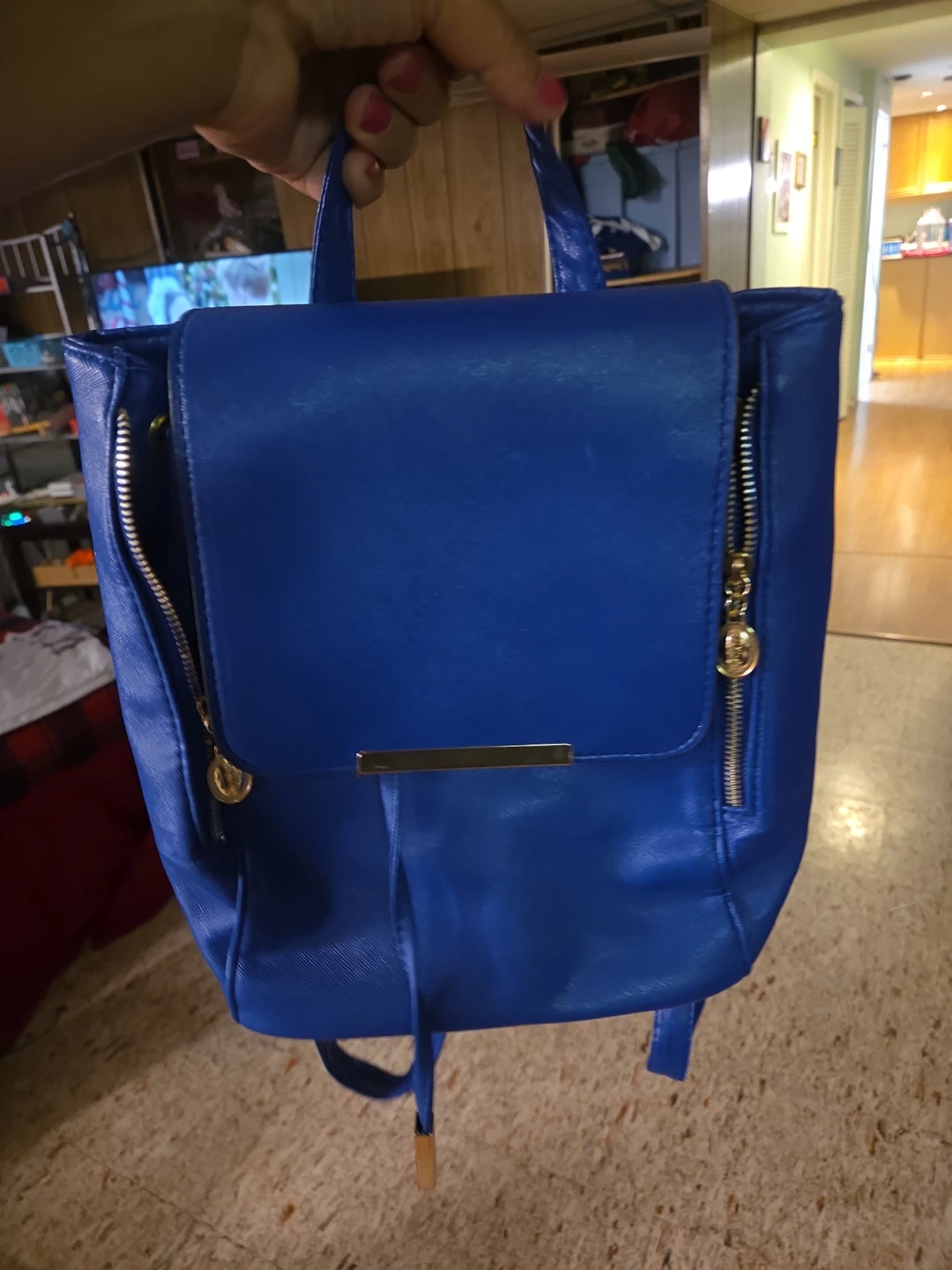 Blue Faux Leather Backpack
