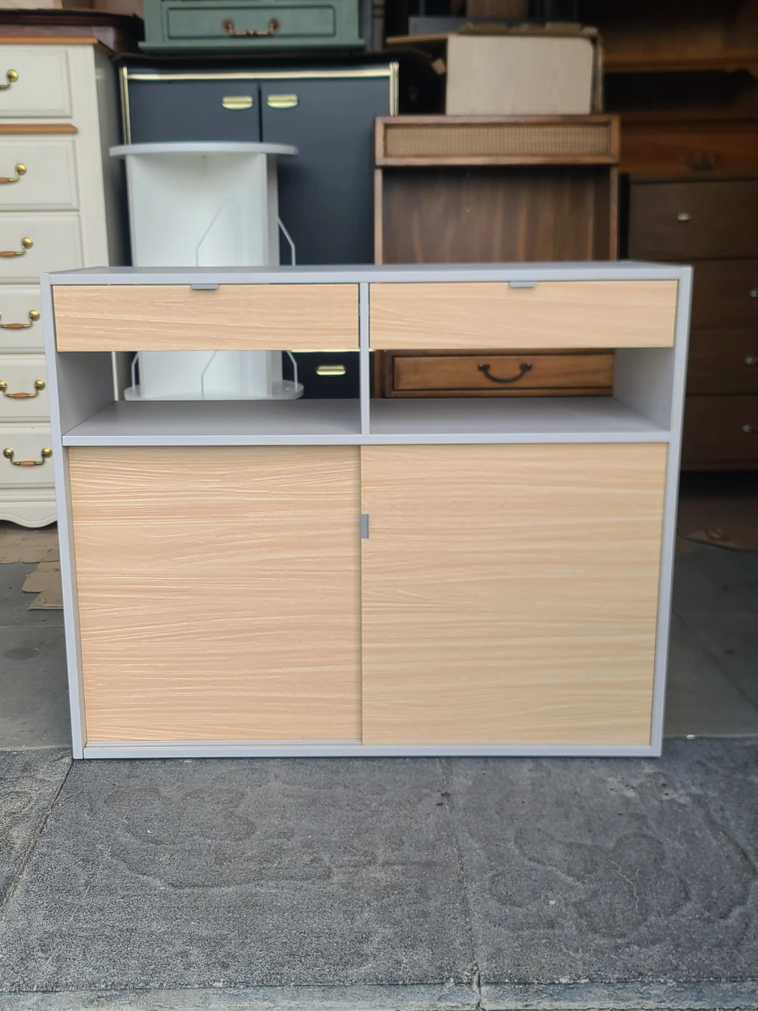 Grey and Wood Cabinet with Sliding Door and Drawers