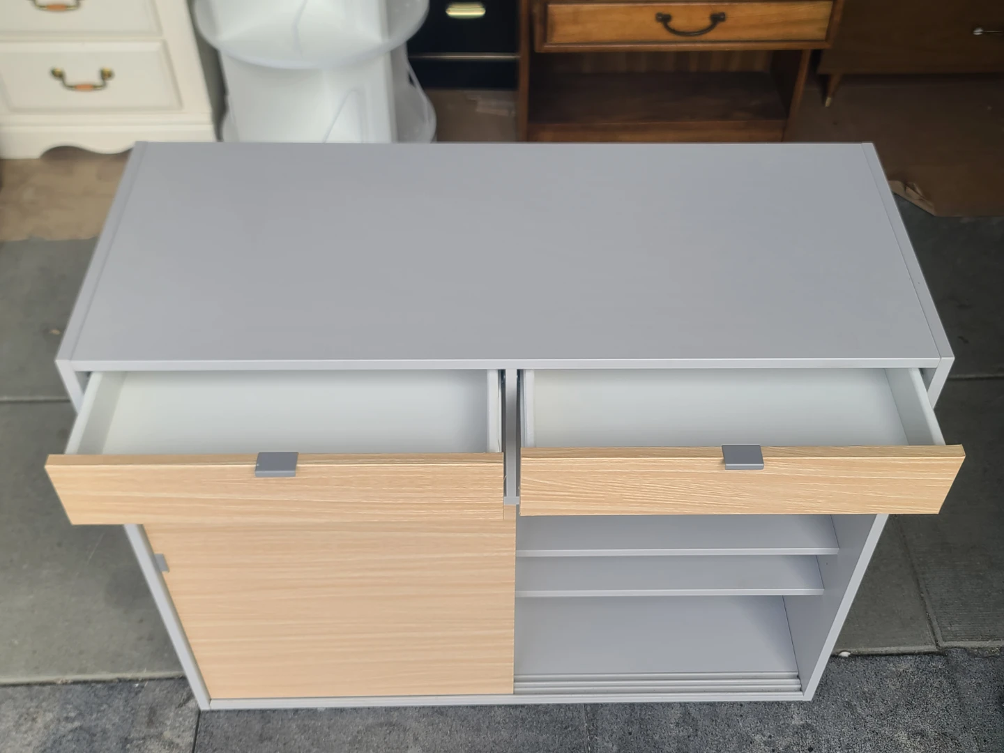 Grey and Wood Cabinet with Sliding Door and Drawers - photo 3