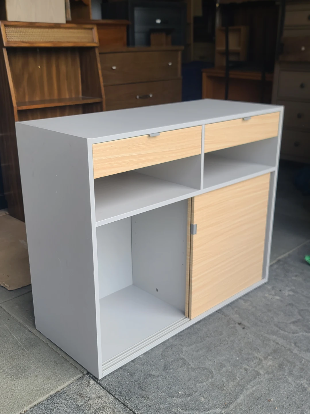 Grey and Wood Cabinet with Sliding Door and Drawers - photo 5
