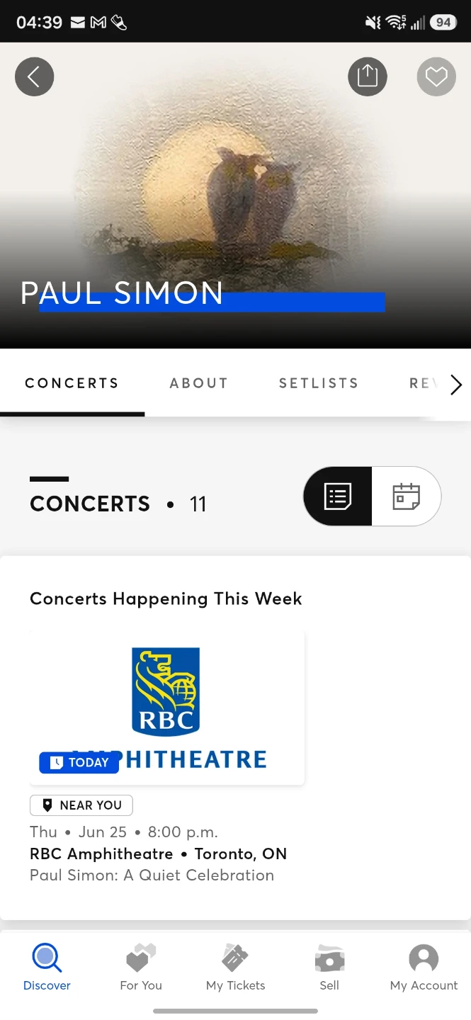 Paul Simon Concert Tickets.  June 25 RBC AMPHITHEATER
