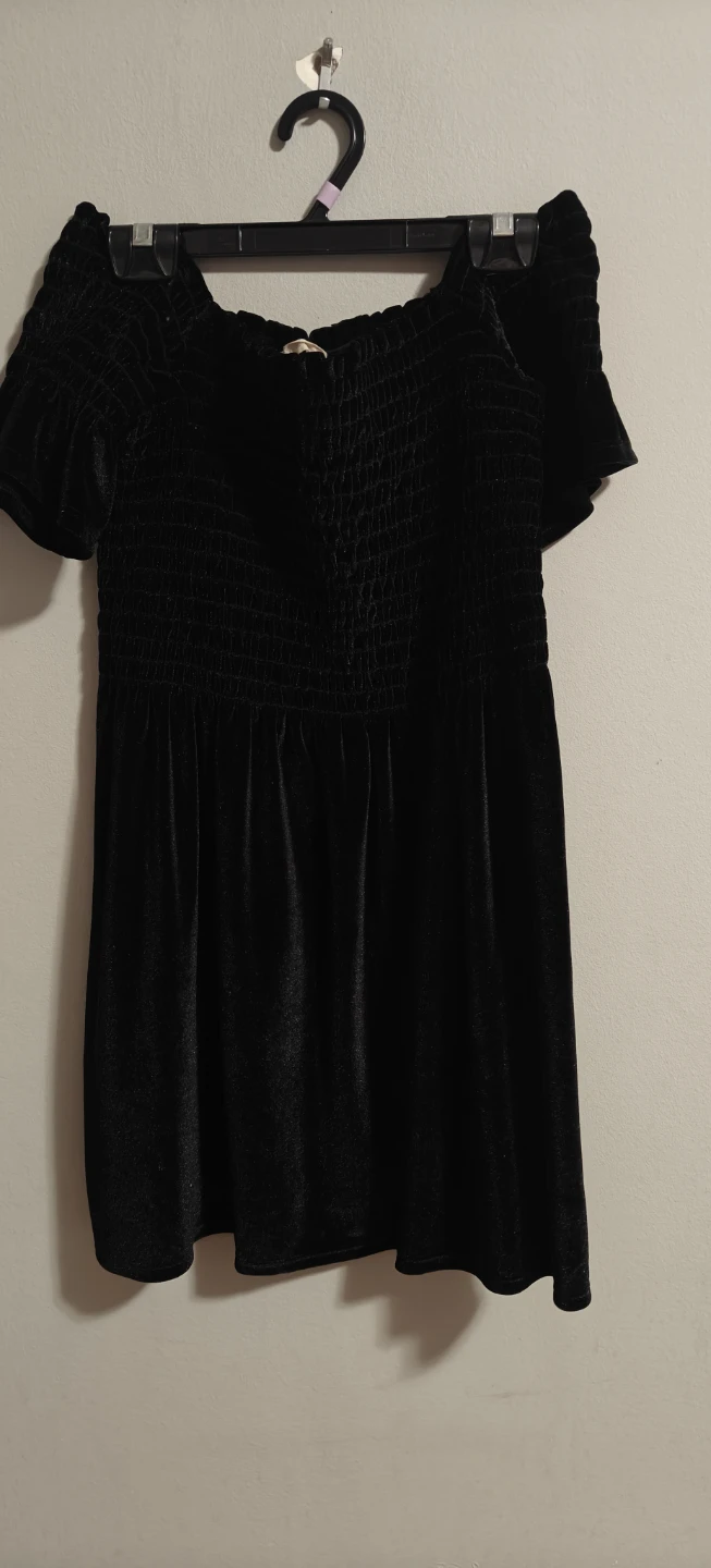 Black Velvet Smocked Off-the-Shoulder Dress