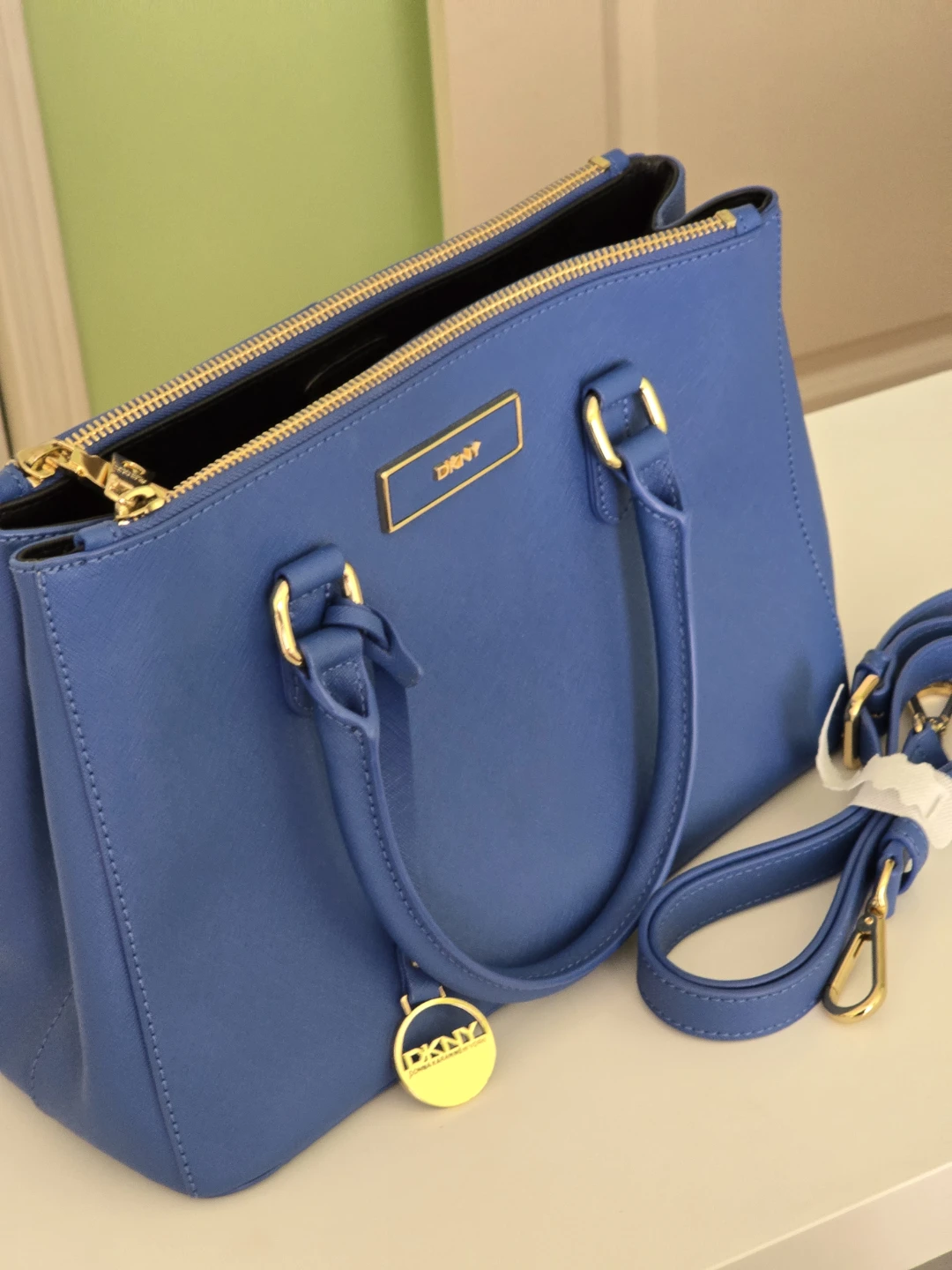 DKNY Blue Leather Satchel with Gold Hardware
