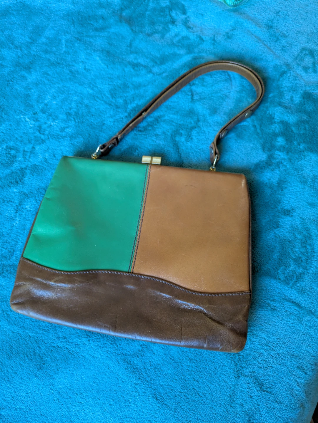 Vintage Leather Handbag - Brown/Green Colour-Blocked