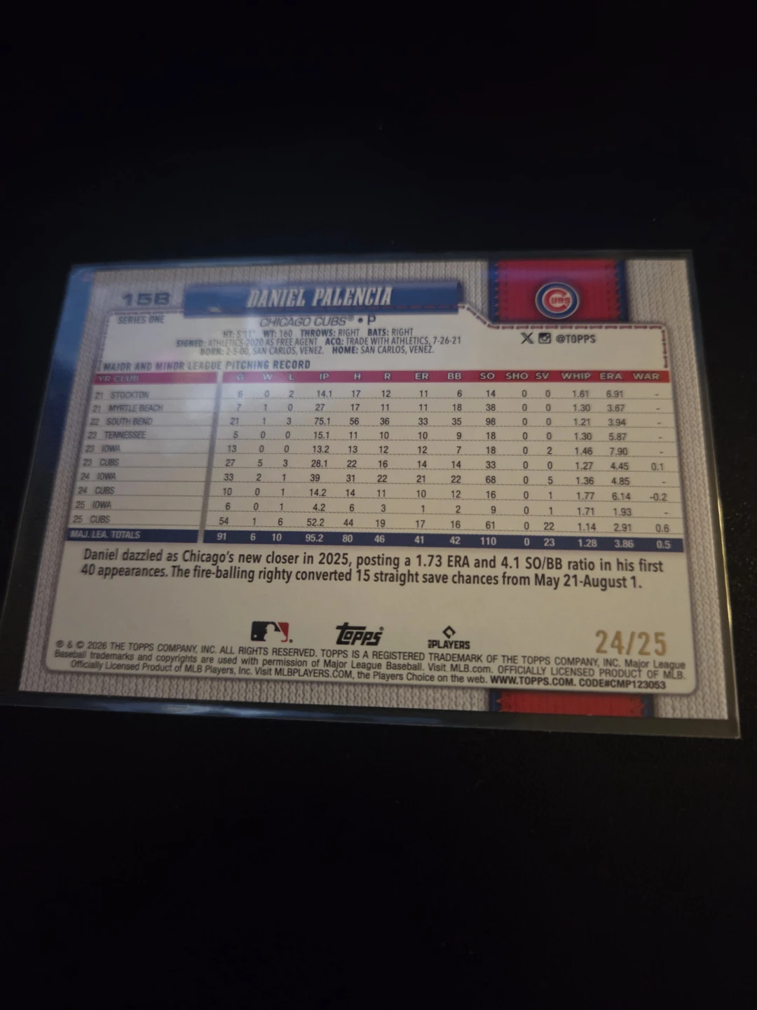 2026 Topps Daniel palencia Baseball Card #158 - photo 2