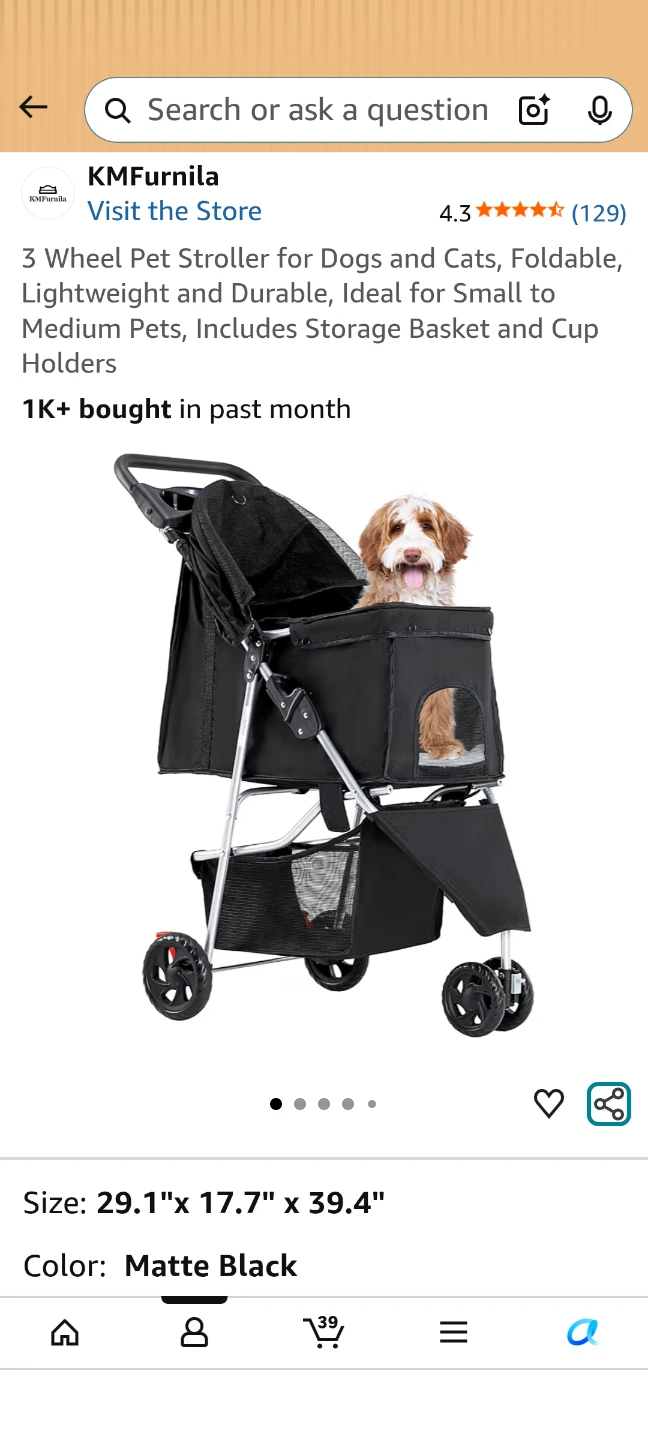 KMFurnila 3 Wheel Pet Stroller - Matte Black ⚽