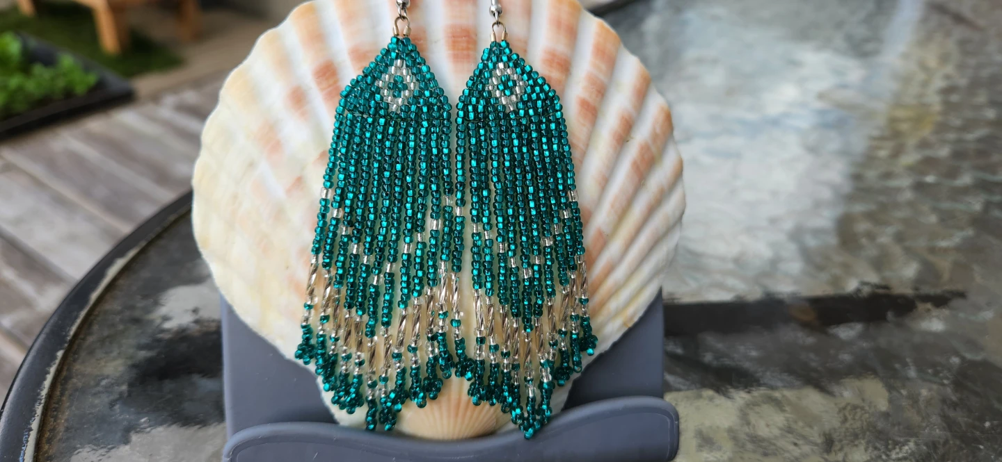 Teal Beaded Fringe Earrings