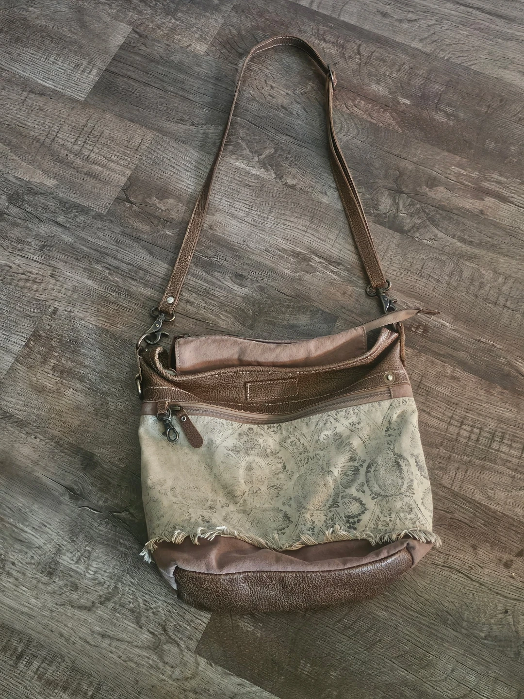 Brown & Tan Shoulder Bag with Embossed Pattern