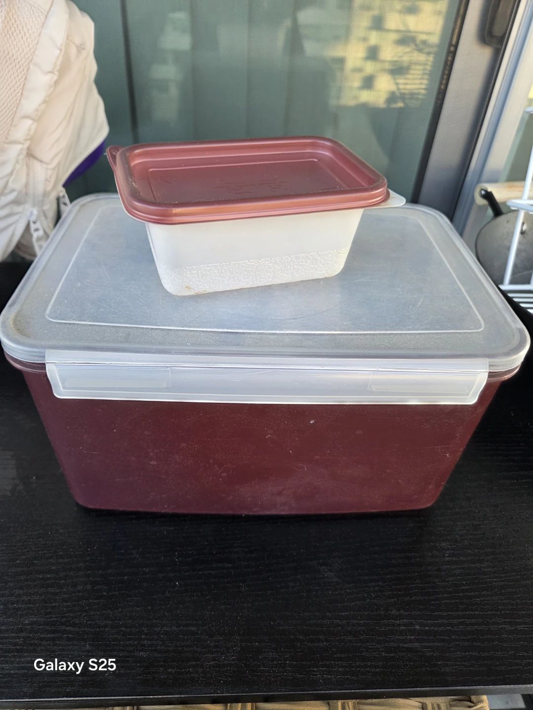 Maroon and white food storage containers