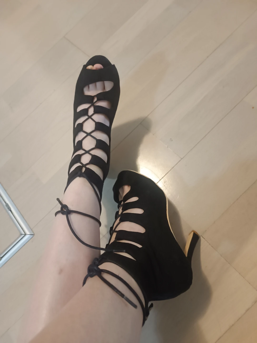 Black Lace-Up Peep-Toe Heels
