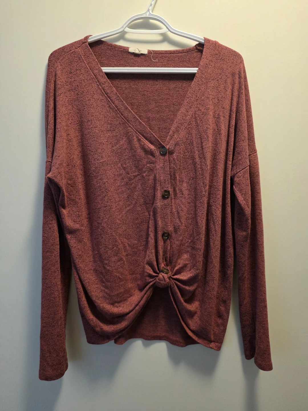ARDENE V-Neck Knot Front Top - Burgundy Marl - Size M