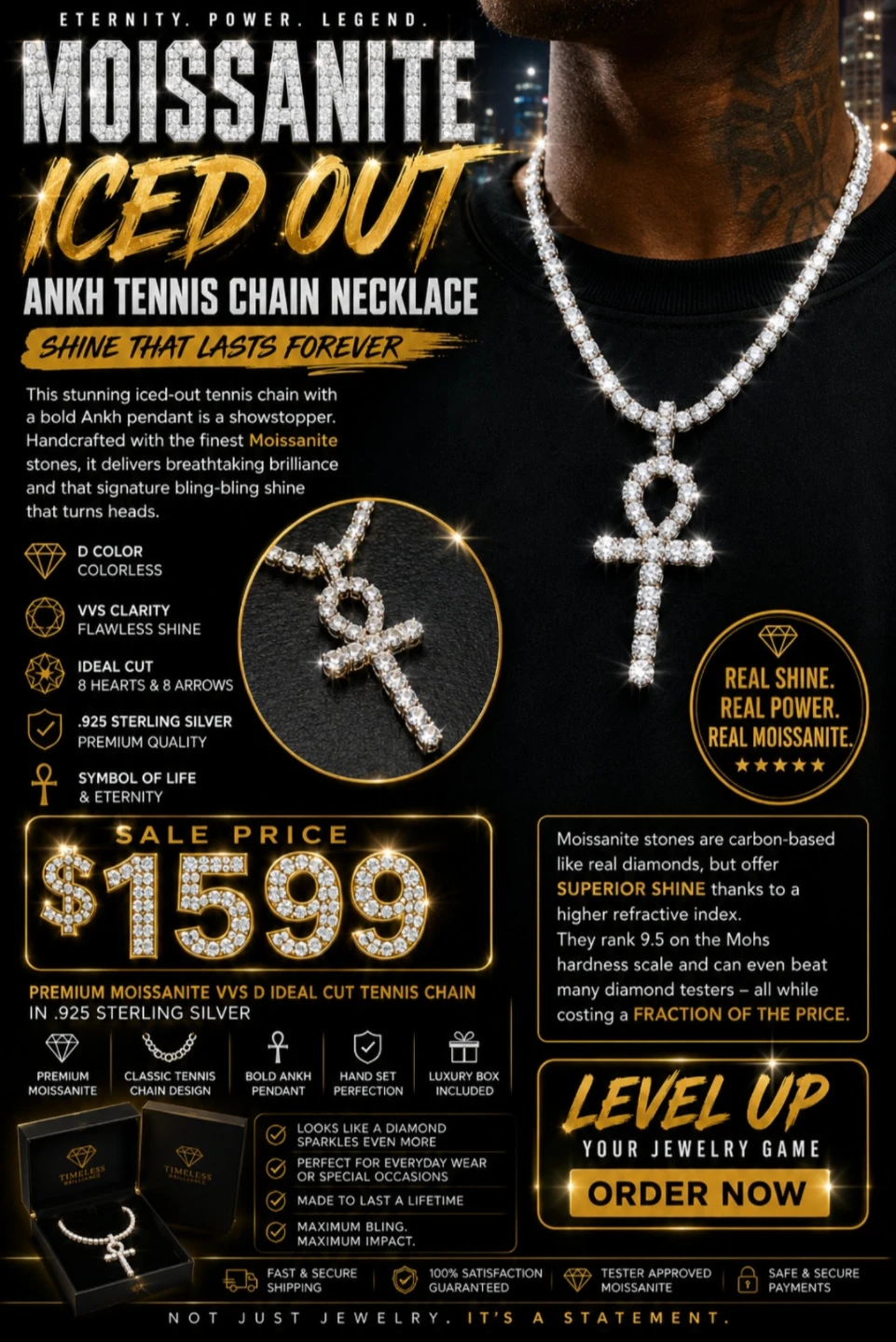 Moissanite Iced Out Ankh Tennis Chain Necklace