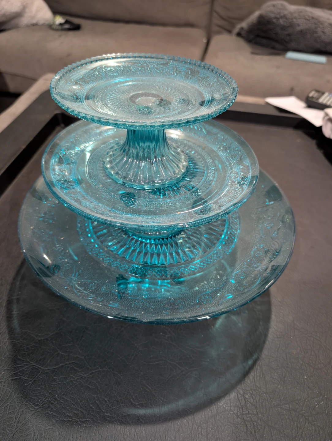 Teal Glass Tiered Cake Stand Set