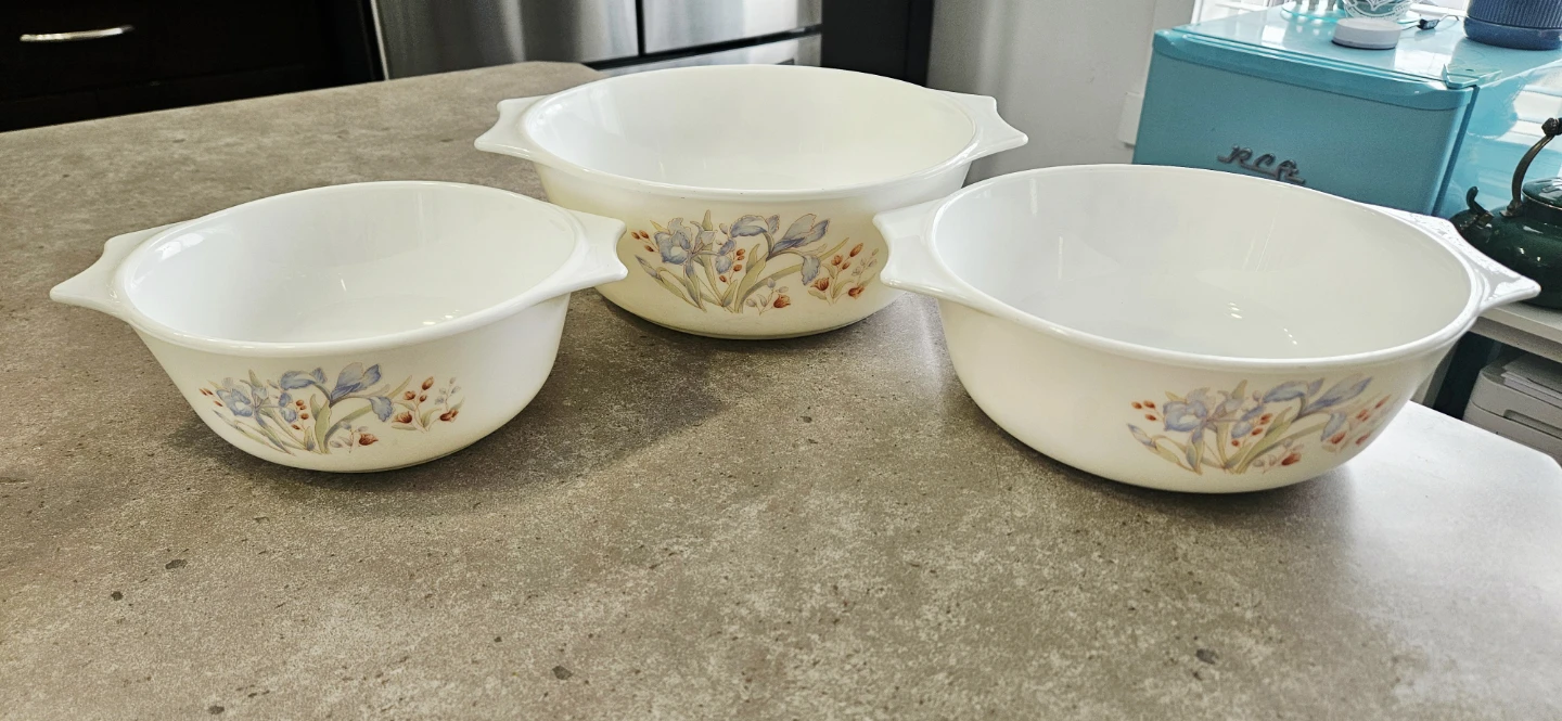Pyrex England blue iris casserole dishes
