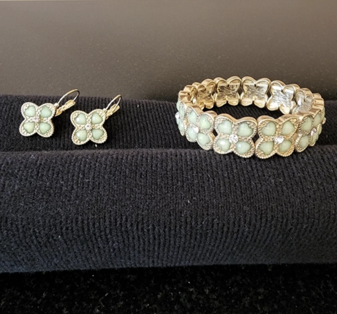 Gold-tone and Green Bracelet and Earring Set