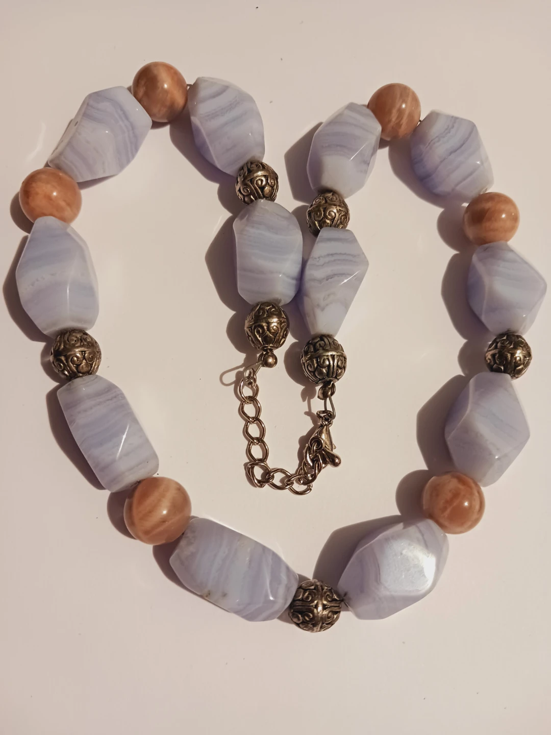 Blue Lace Agate Beaded Necklace with Silver Accents