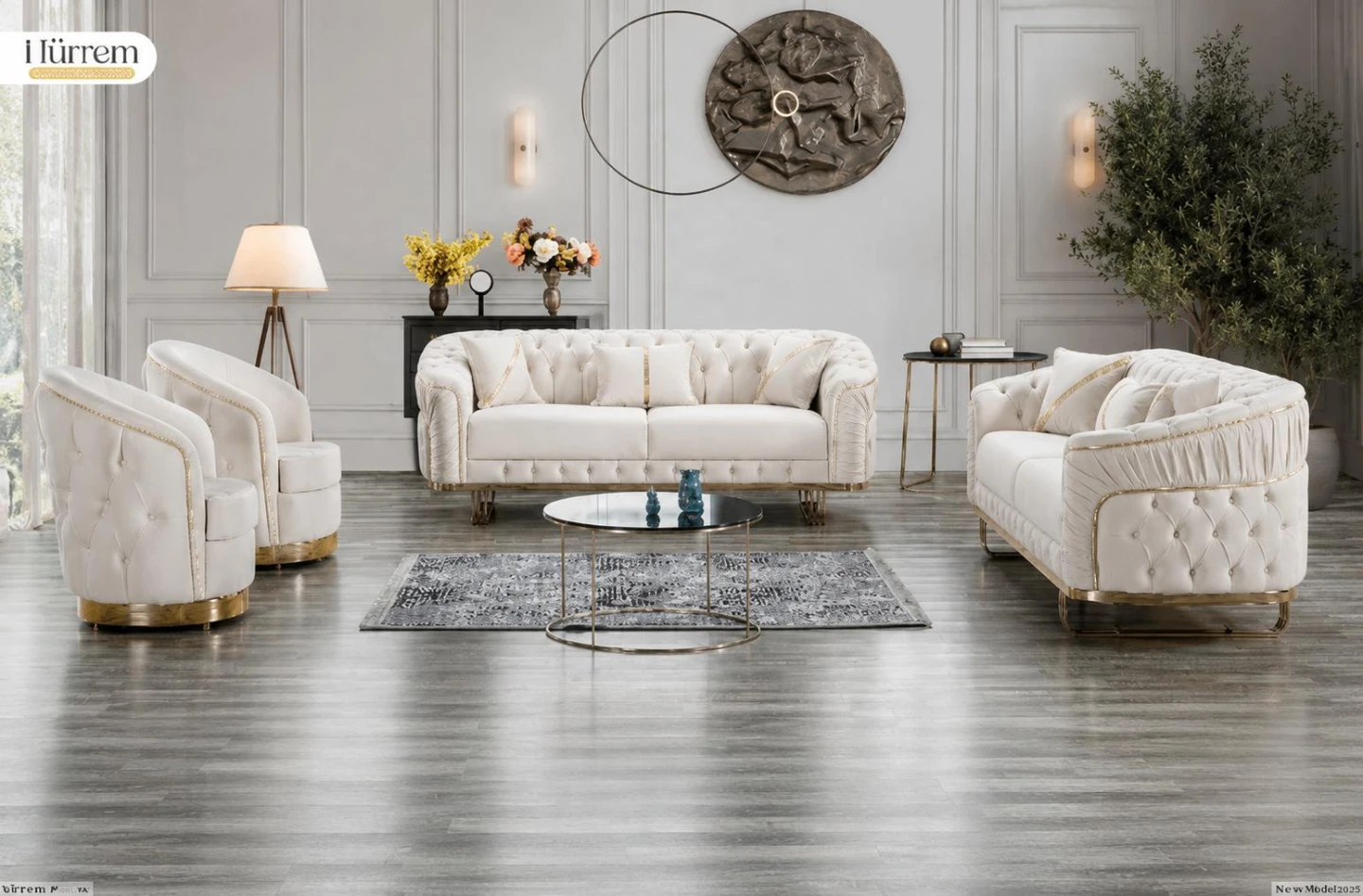Lurrem Cream Tufted 2 Sofa and 2 Armchairs Living Room Set