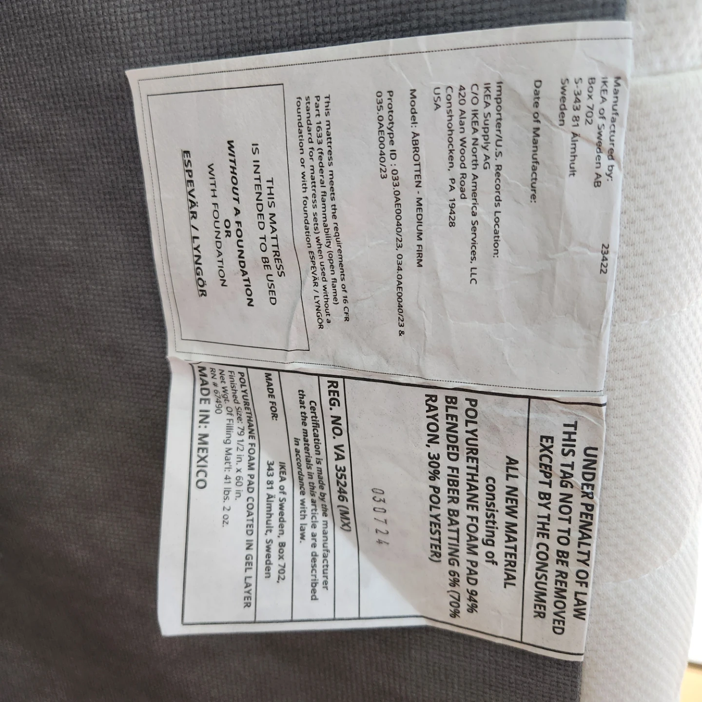 IKEA ABROTTEN Medium Firm Queen Mattress - photo 2