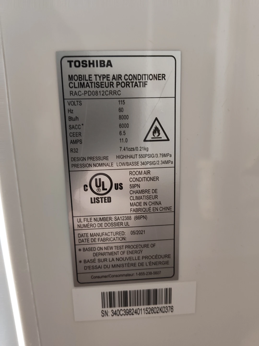 Toshiba Portable Air Conditioner RAC-PD0812CRRC - photo 2