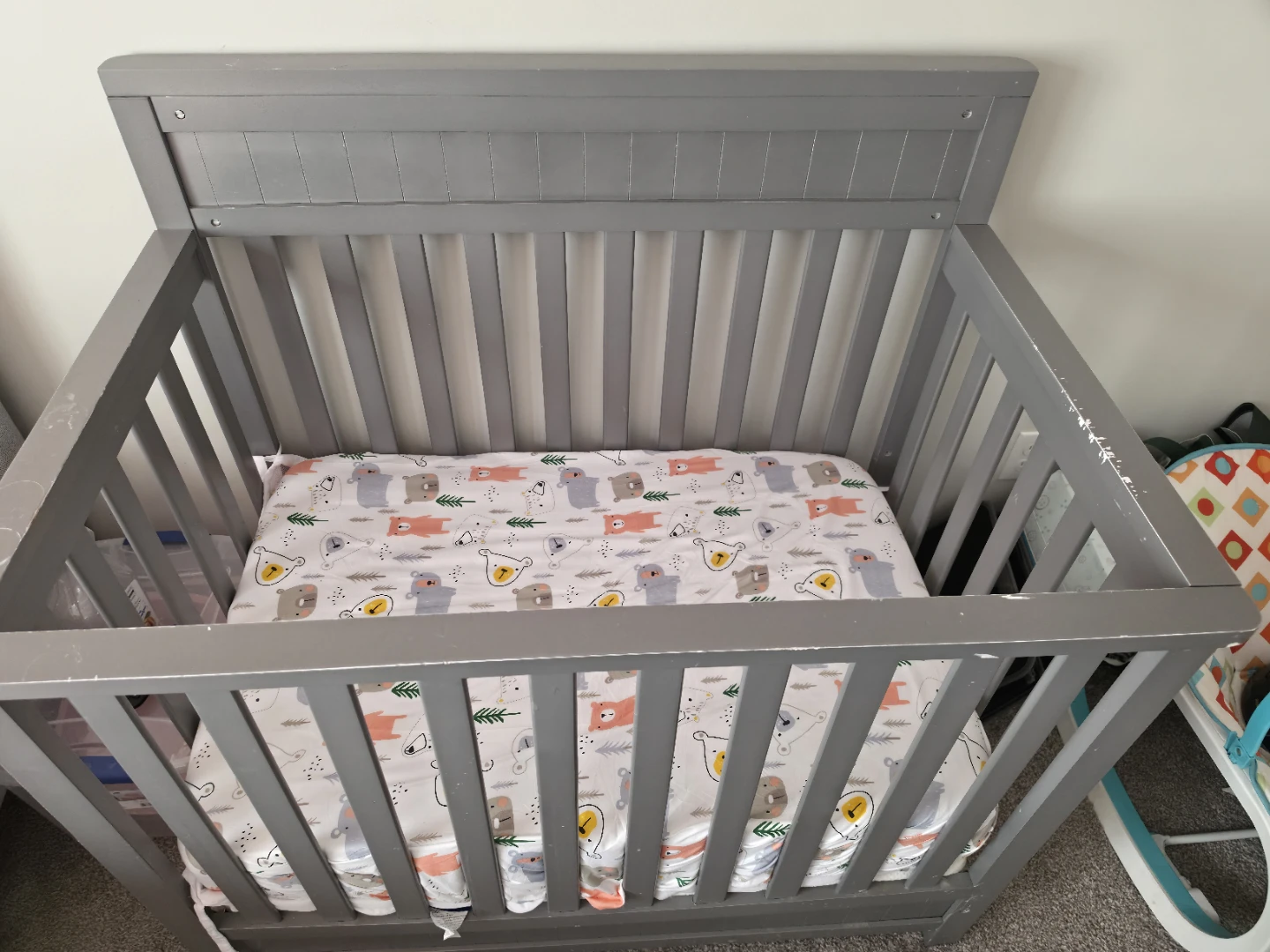 Free Grey Wooden Baby Crib with Bear Print Mattress