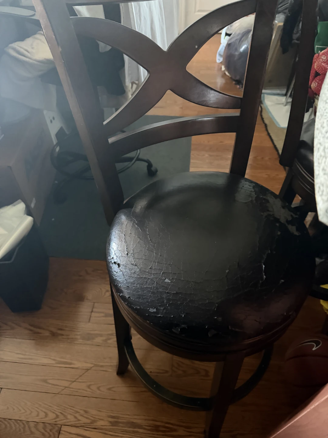 Wooden Bar Stool with Dark Upholstery