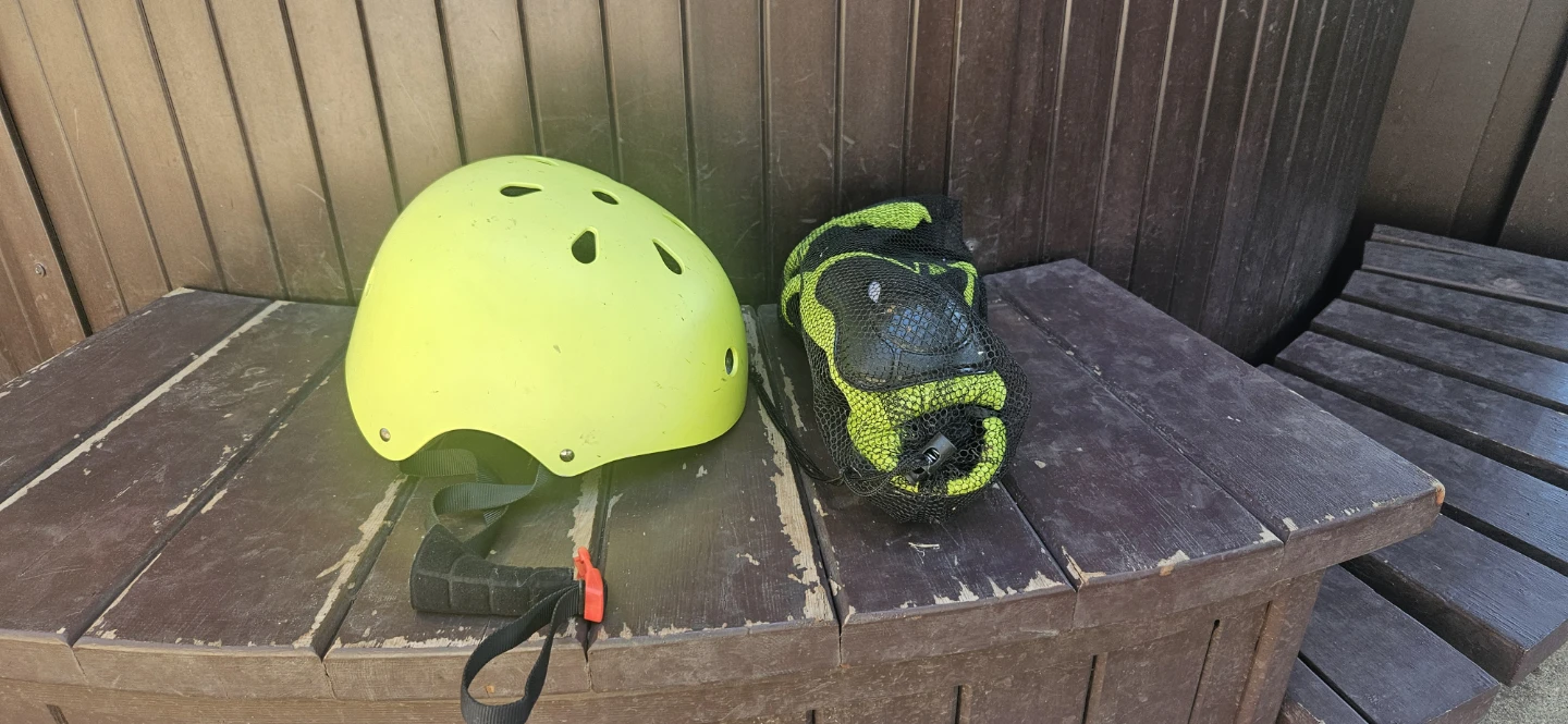Lime green Bike helmet with knee and elbow pads