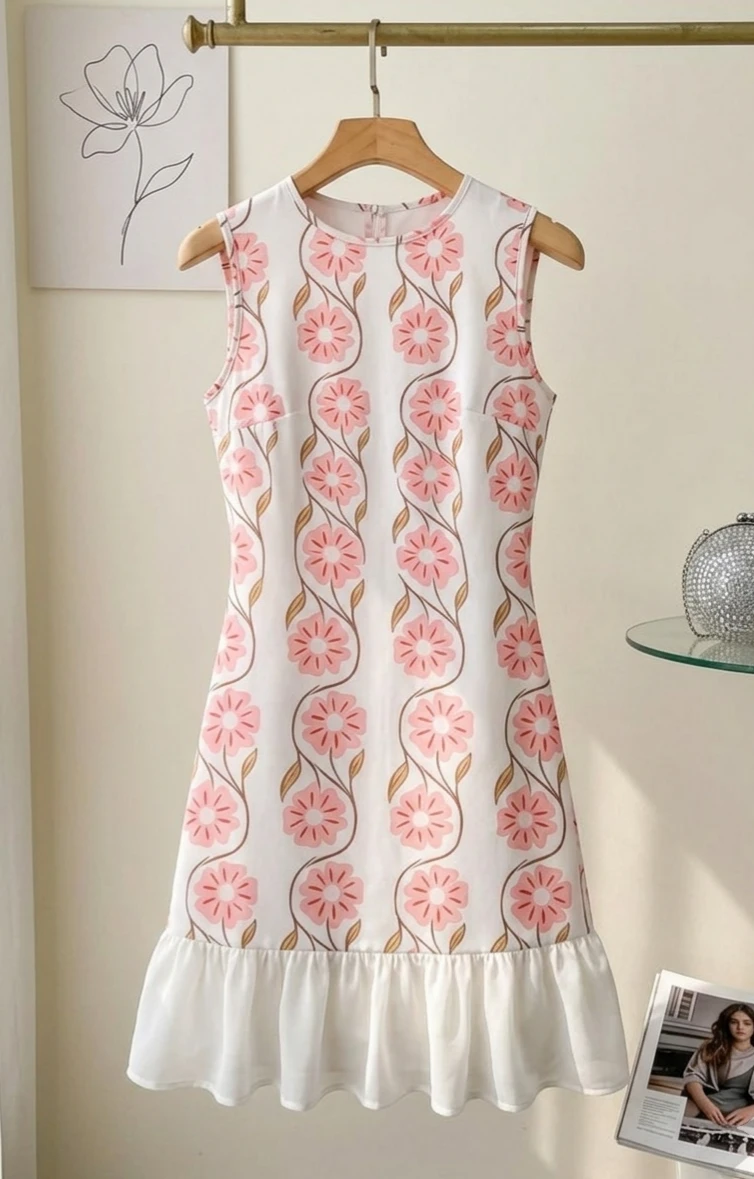 Women's Sleeveless Floral Dress with Ruffle Hem