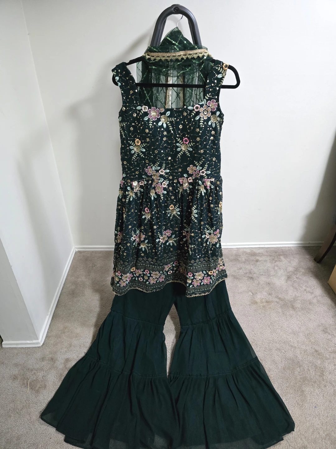 Embroidered Green Sharara Suit with Dupatta