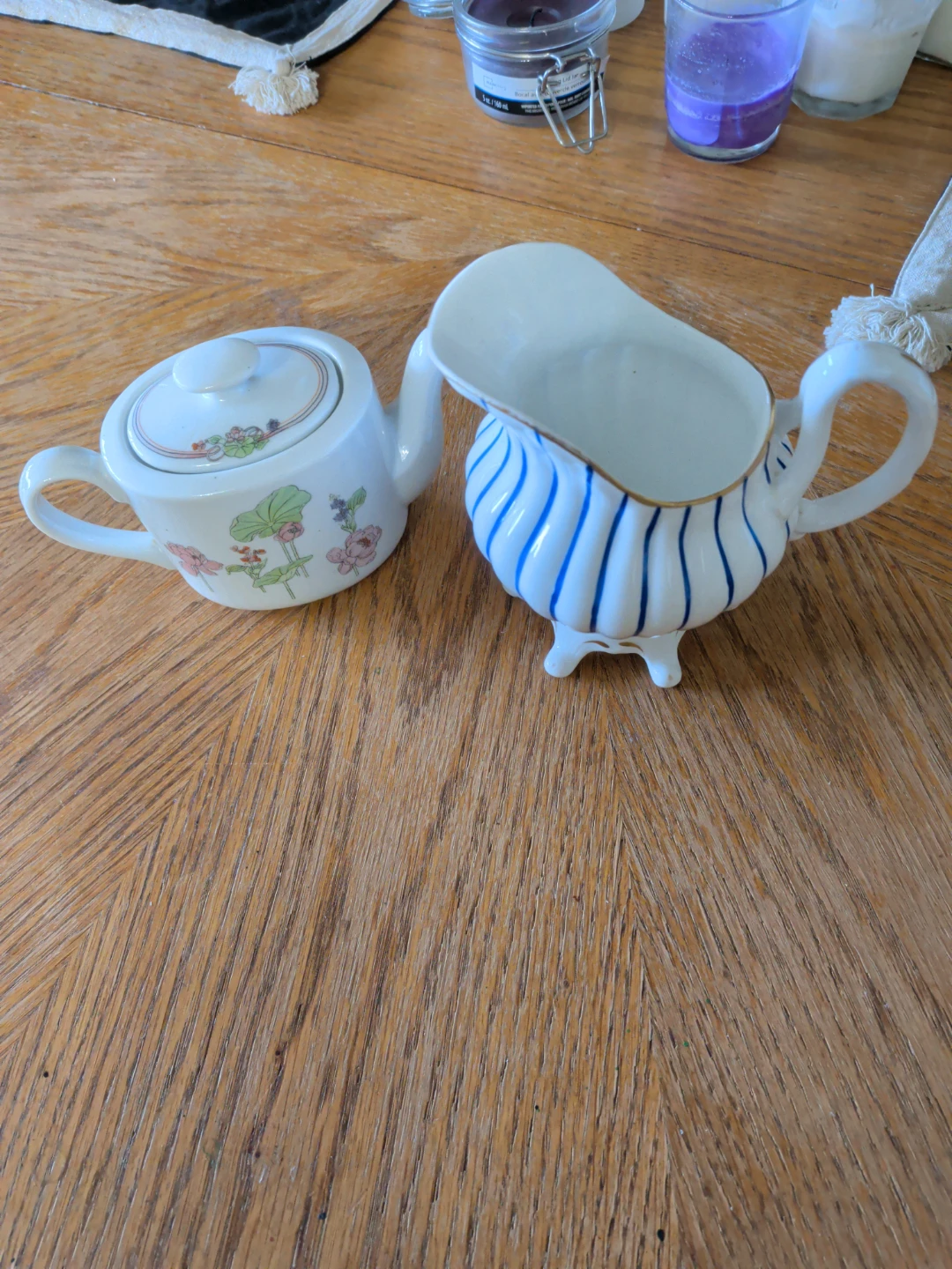 Floral Teapot and Striped Creamer Pitcher Set