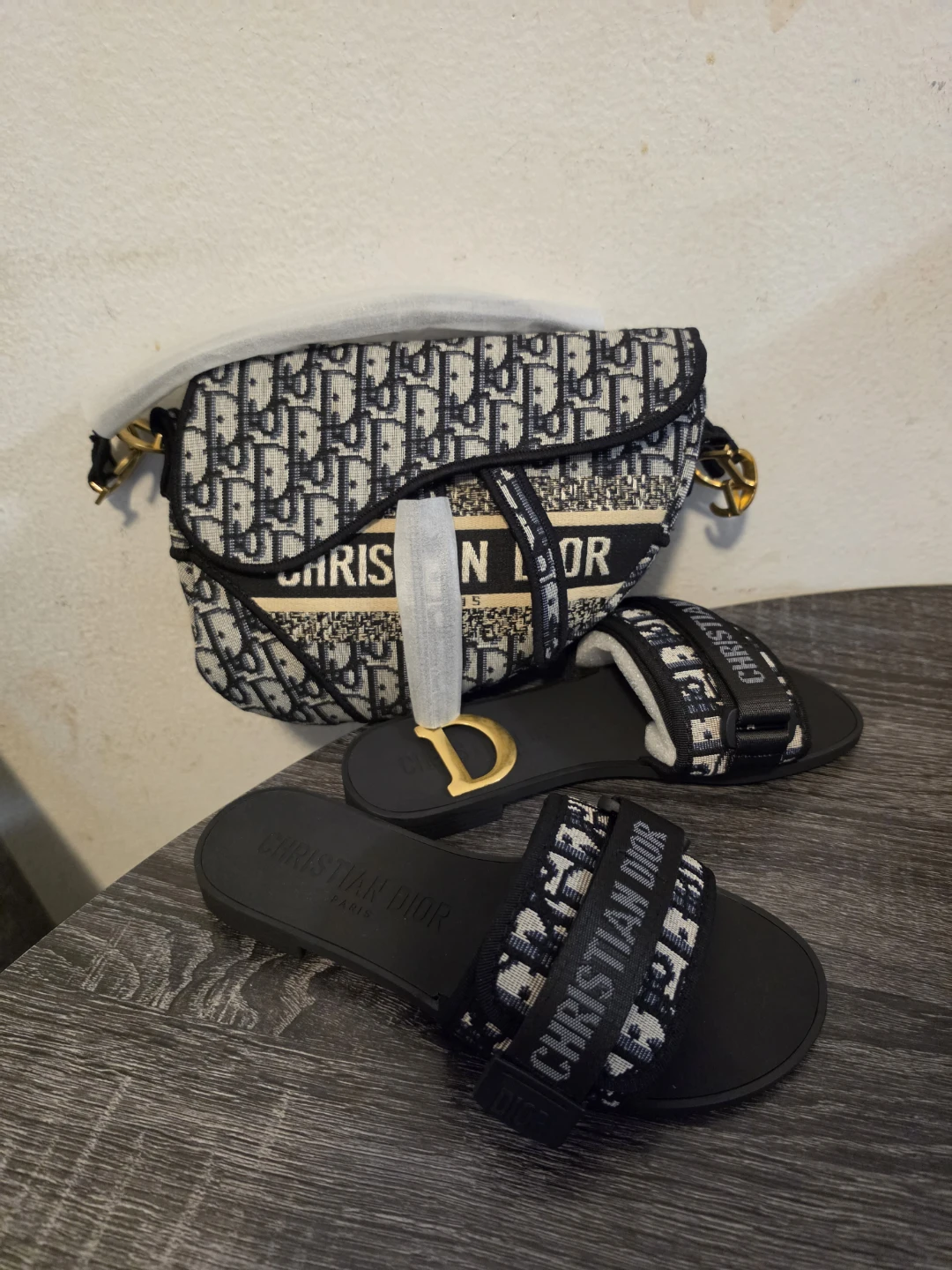 Christian Dior Slides and Saddle Bag Set