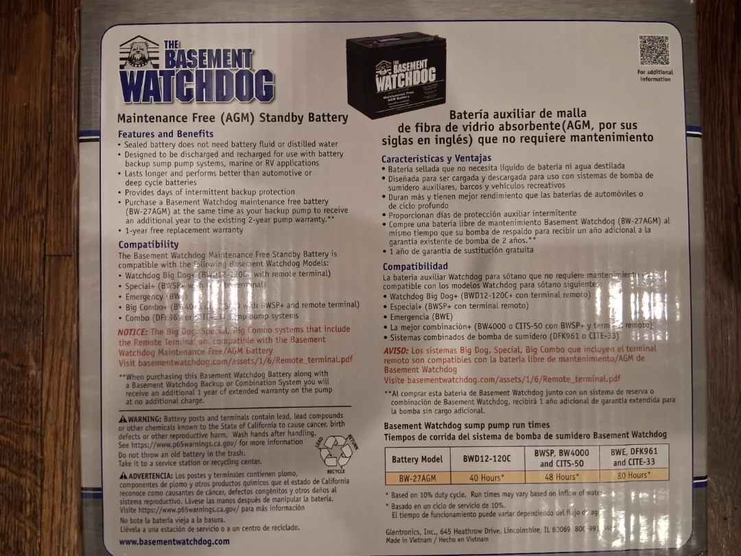 Basement Watchdog BW-27AGM Maintenance Free Standby Battery - photo 3