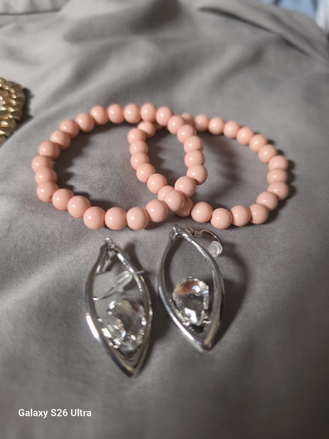 Pink Beaded Bracelets and Crystal Drop Earrings Set
