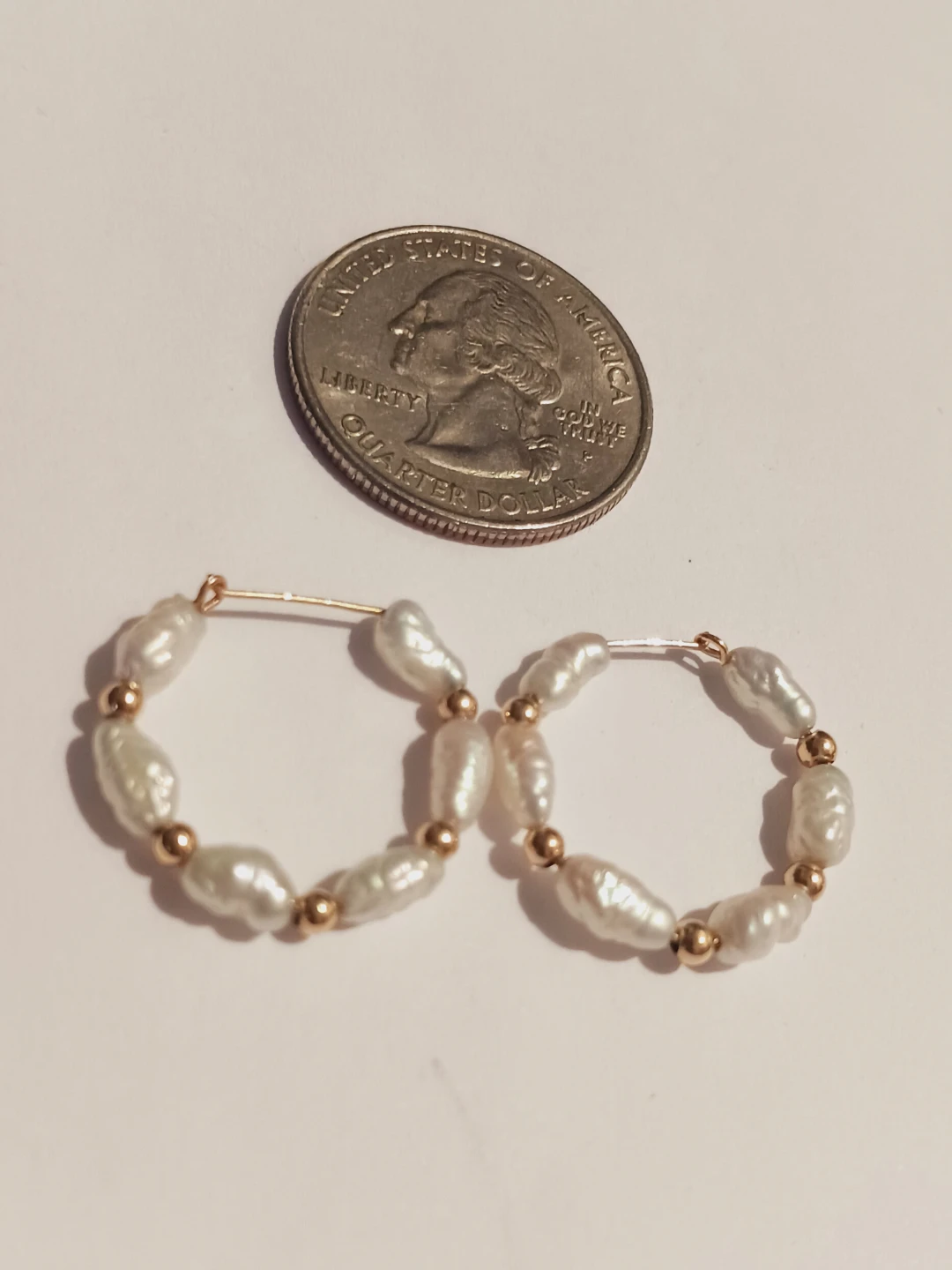 14K Gold Stamped Beaded Freshwater Pearls Hoop Earrings - photo 3