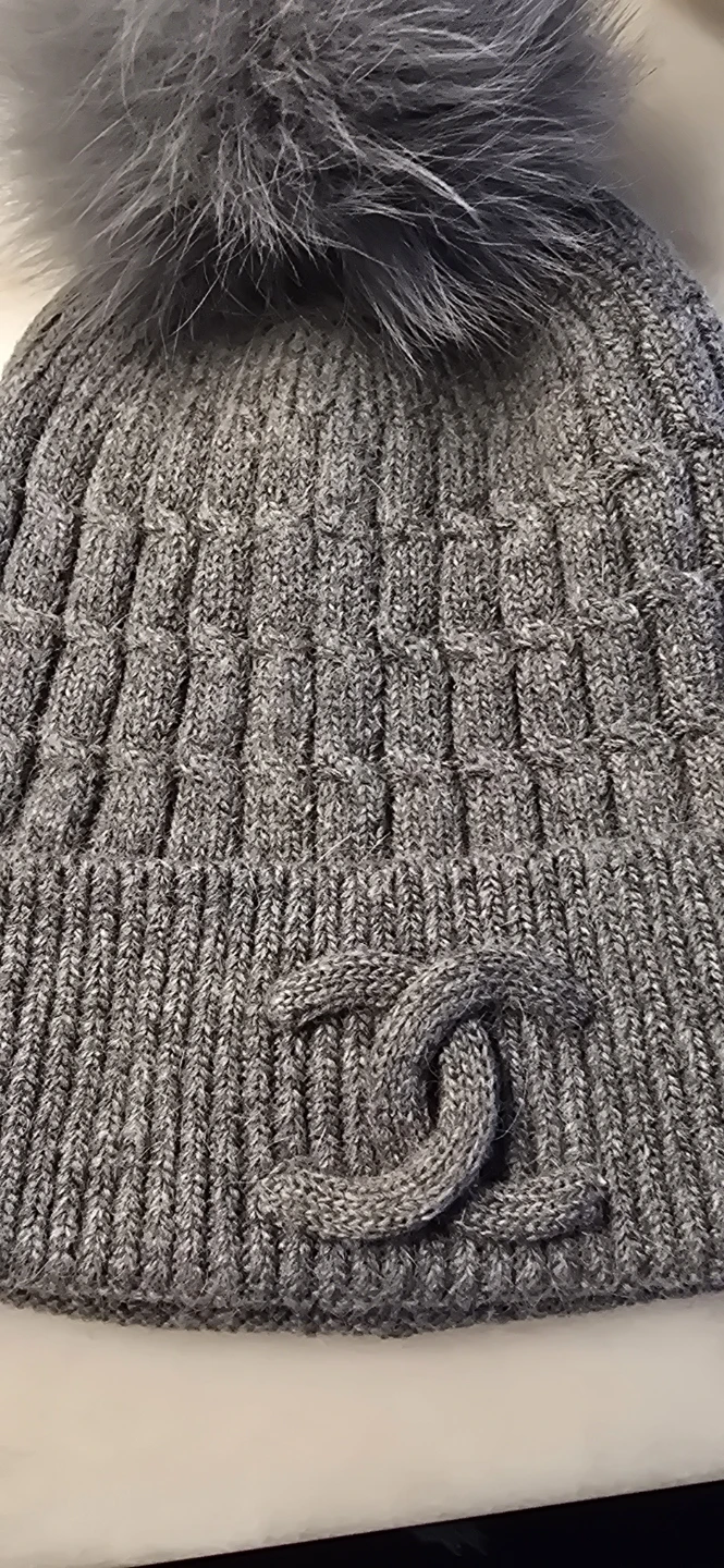 Chanel Grey Wool & Rabbit Hair Beanie with Pom Pom