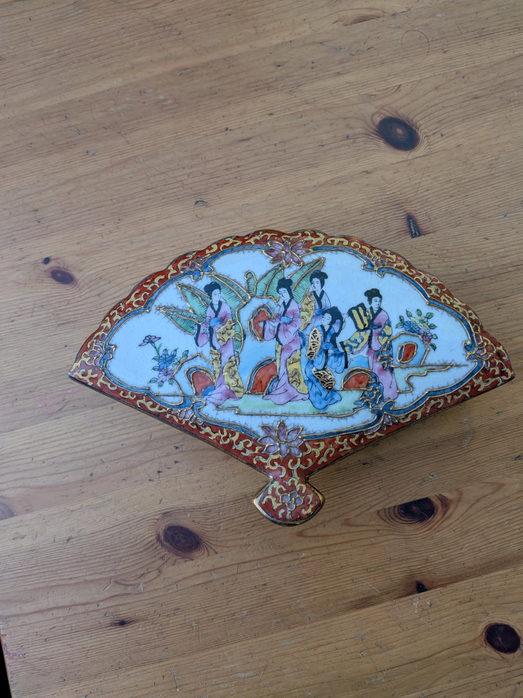 Vintage Fan-Shaped Ceramic Trinket Box with Asian Figures