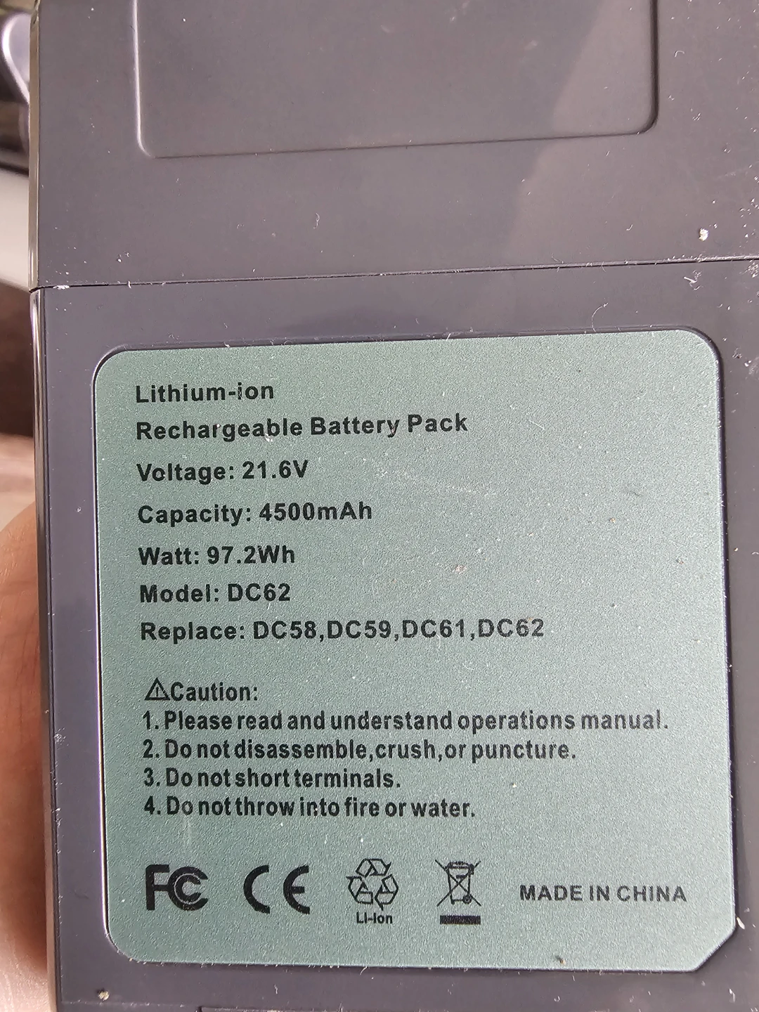 Dyson DC62 Rechargeable Battery Pack 21.6V 4500mAh - photo 2