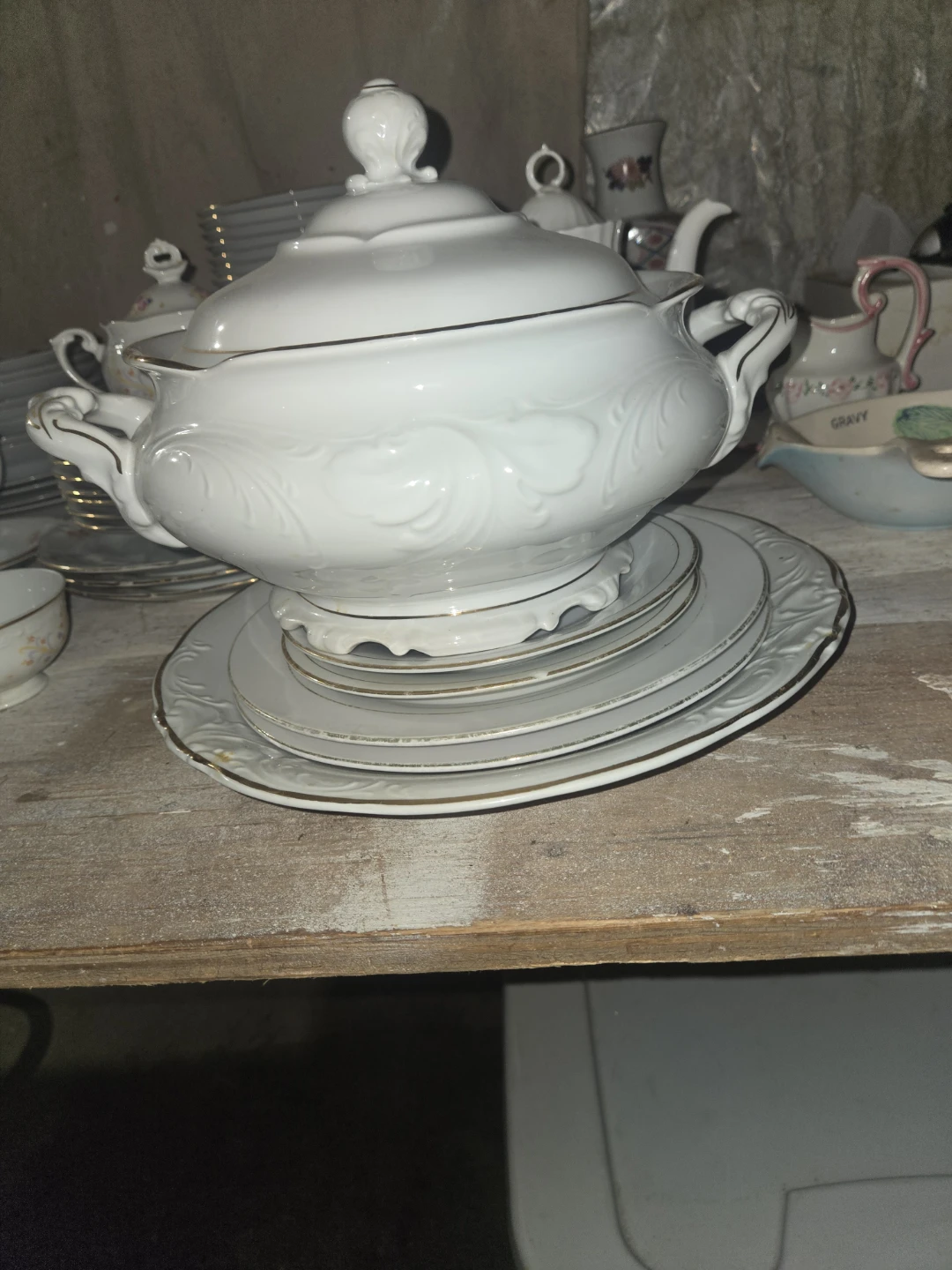 White Ceramic Serving Tureen with Lid and Plates