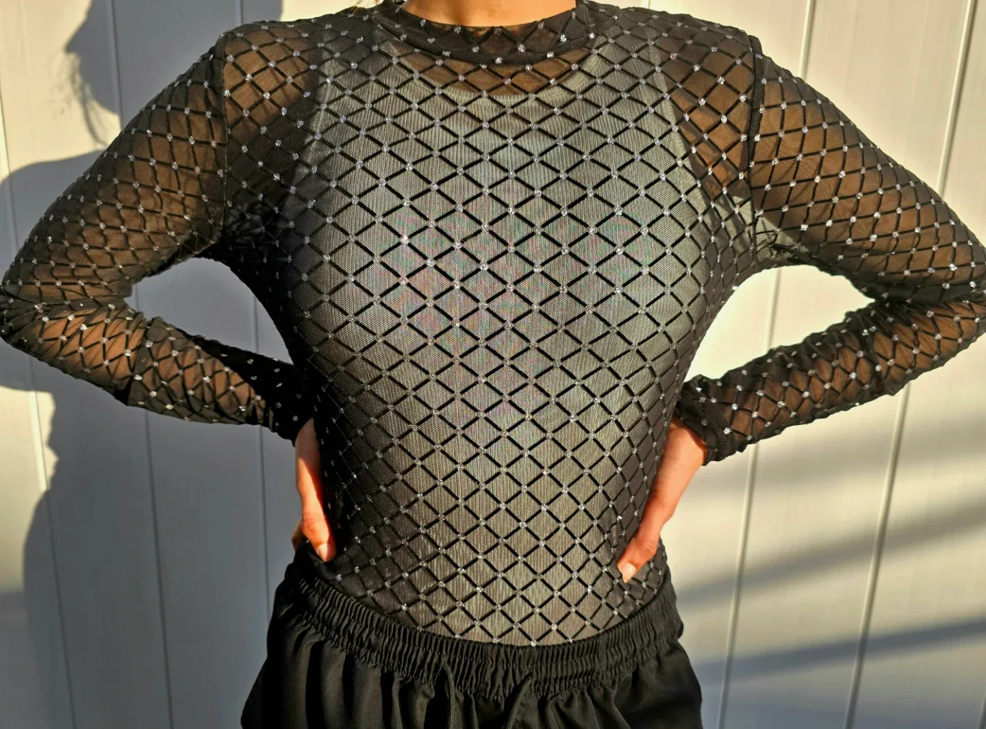 Black Mesh Diamond Pattern Top/Bodysuit - Size L - photo 3