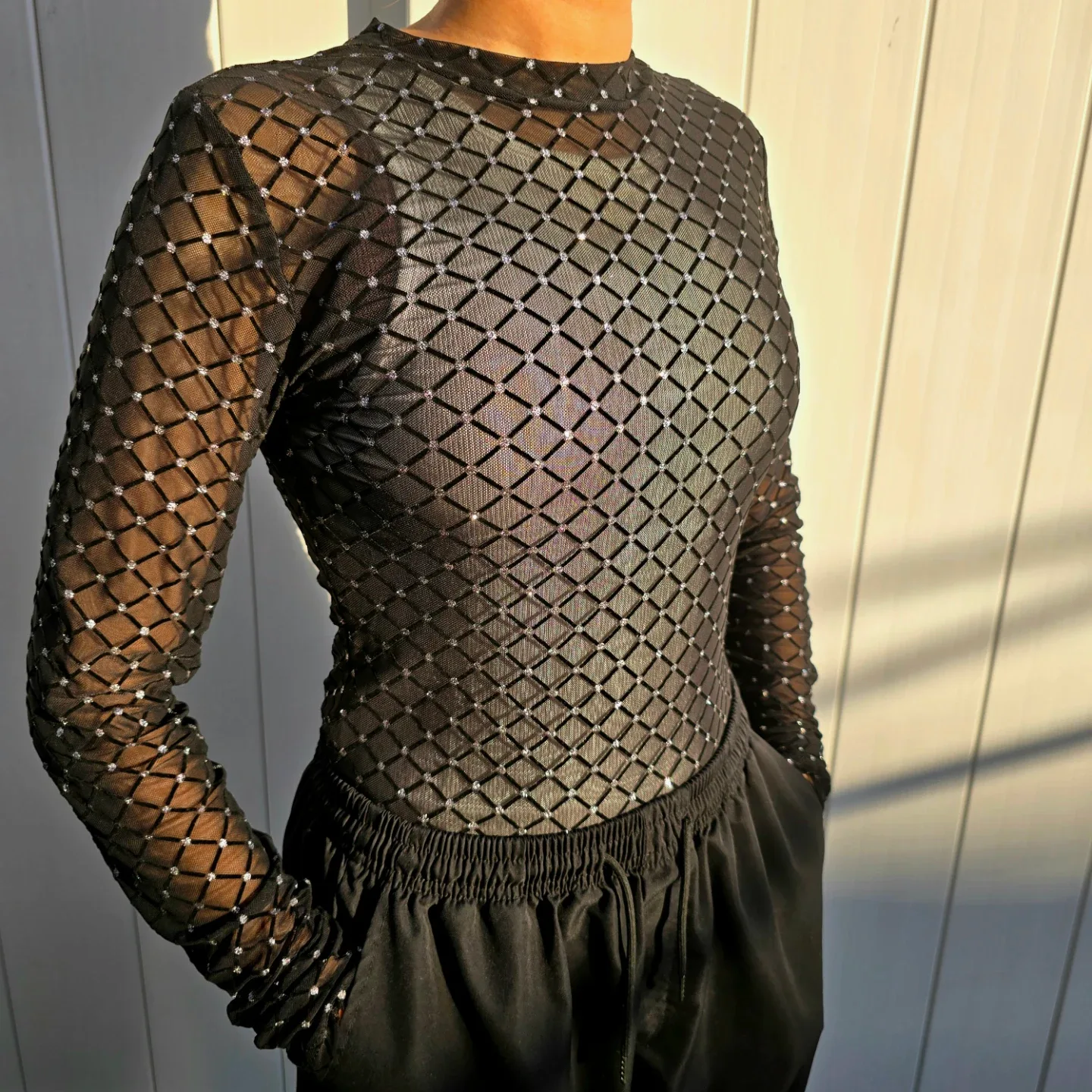 Black Mesh Diamond Pattern Top/Bodysuit - Size L - photo 5